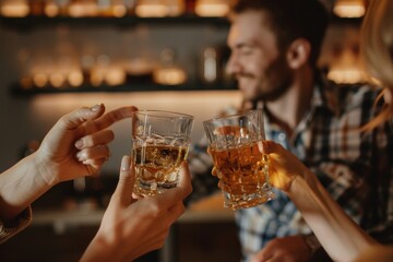 A pair toasts with two whiskey glasses