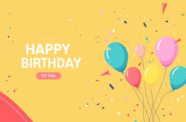 Happy Birthday card design with a simple line balloon and stars on a yellow background.