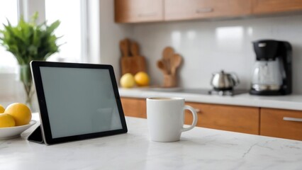  a yellow cup on top of a counter beside an ipad,