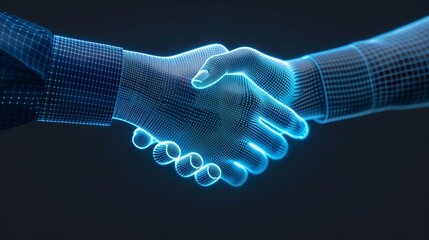 Abstract graphic of a handshake with digital elements, symbolizing partnership, collaboration, and business agreements. High Resolution picture, , Minimalism,