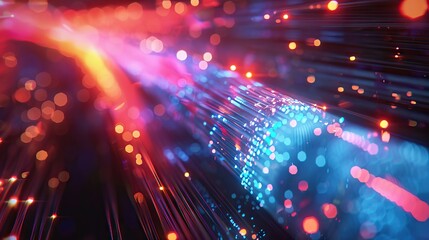 colorful optical fibres dinamic flying from deep on technology background. AI generated illustration