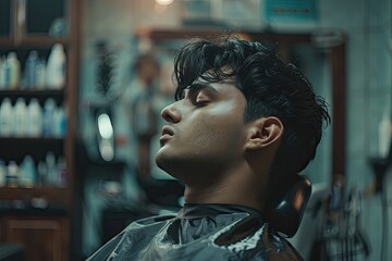 Asian man with dark hair at a barbershop cinematic aesthetic