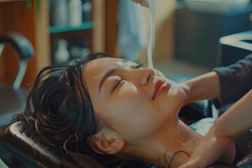 Fototapeta premium Asian woman getting hair washed by stylist in salon feeling relaxed and happy