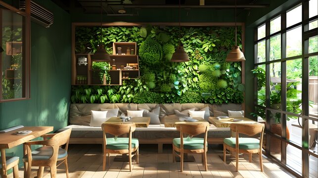 Cafe interior with eco-design elements including wooden tables image