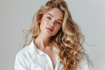 Obraz premium Beautiful woman in white shirt with long shiny wavy hair Model with blonde curly hairstyle