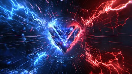 Abstract digital artwork featuring a geometric emblem with blue and red lightning effects converging towards the center on a dark background.