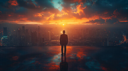 Fototapeta premium International business concept with businessman on city skyline background with network on map and sunlight.