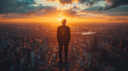 Fototapeta premium International business concept with businessman on city skyline background with network on map and sunlight.