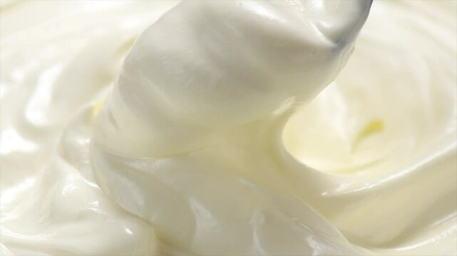 Sour cream or greek yogurt scooping  with a spoon, swirl, rotating texture, White cream, yoghurt background, close up. Dairy product. Delicious organic creamy yogurt. Tasty Milk cream macro shot