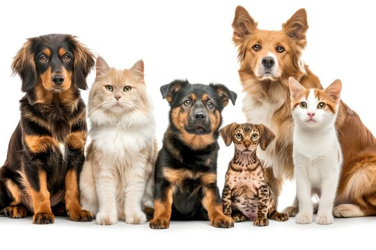 Cats and dogs sitting in front of white background