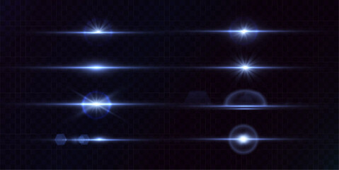 Blue laser light glare effect. Abstract laser beams of light. Horizontal neon rays of light