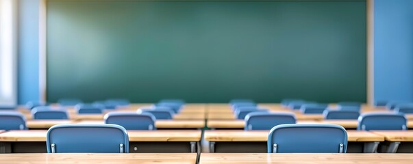 Several tables and chairs are arranged neatly in the classroom facing the front blackboard