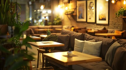 A cafe with cozy sofas and low tables