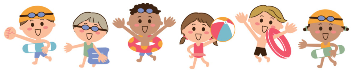 水着を着て浮き輪などを持った6人の多国籍の子供たち