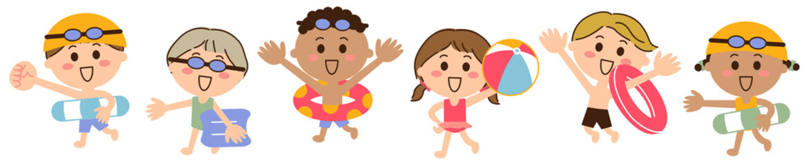 水着を着て浮き輪などを持った6人の多国籍の子供たち