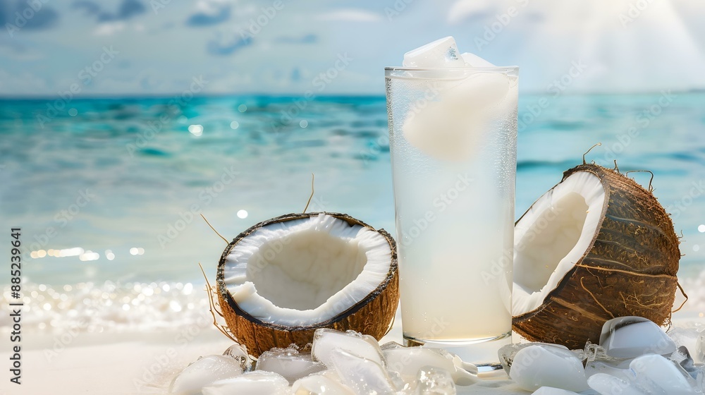 Sticker coconut water in a tall glass with ice image