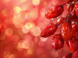 Ripe tropical goji berries in water droplets with green leaves. Neural network AI generated art