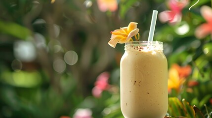 Coconut-banana smoothie in a glass jar img