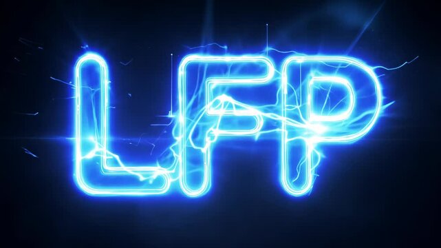 Glowing text LiFePo4 on a dark background, surrounded by electrical discharges