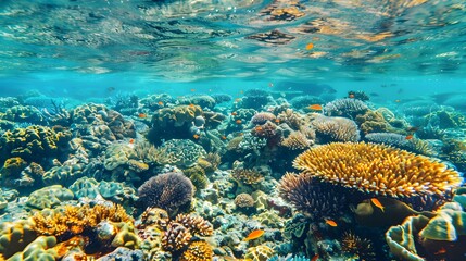 Obraz premium A coral reef just offshore with colorful corals picture