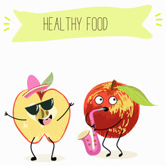 Cute red apple character with many expressions, fruit different activities, poses vector illustration flat design set.