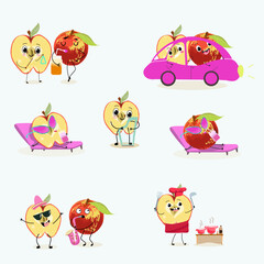 Fototapeta premium Cute red apple character with many expressions, fruit different activities, poses vector illustration flat design set.
