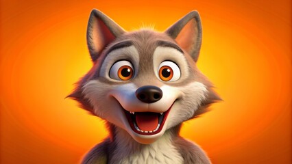 A vibrant orange background showcases a mesmerizing 3D animated cartoon wolf with a shocked and delighted anthropomorphic expression.