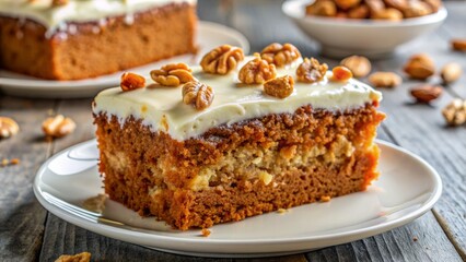 Deliciously decorated moist carrot cake with crunchy walnuts and creamy swirls of tangy cream cheese frosting on white plate.
