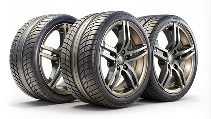 Three high-performance luxury vehicle tires with sleek, sophisticated alloy wheels isolated on a crisp white studio background.