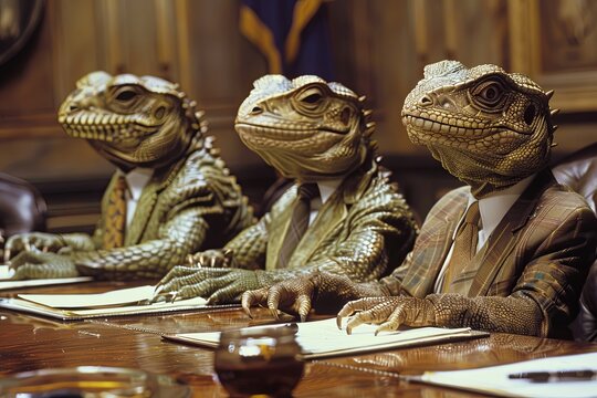 Three lizard-like creatures, disguised as humans, sit in a conference room, wearing suits and ties, engaged in a serious meeting. Generative AI