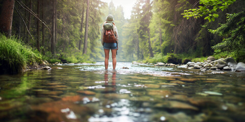 A woman is standing in a river with a backpack on. The water is clear and the sun is shining through the trees. The scene is peaceful and serene
