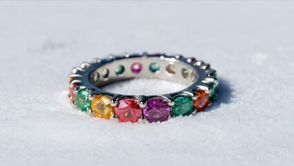  a diamond - studded eternity ring made to look like it's sitting in the snow,