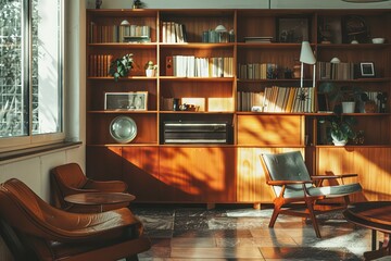 A stylish table and wooden chairs furnish a home office room, showcasing contemporary home decor and design