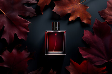 transparent glass bottle of perfume on autumn leaves background. luxurious perfume bottle mockup