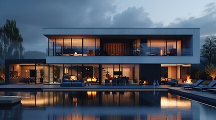Beautiful modern design architecture image of house with open windows and pool 