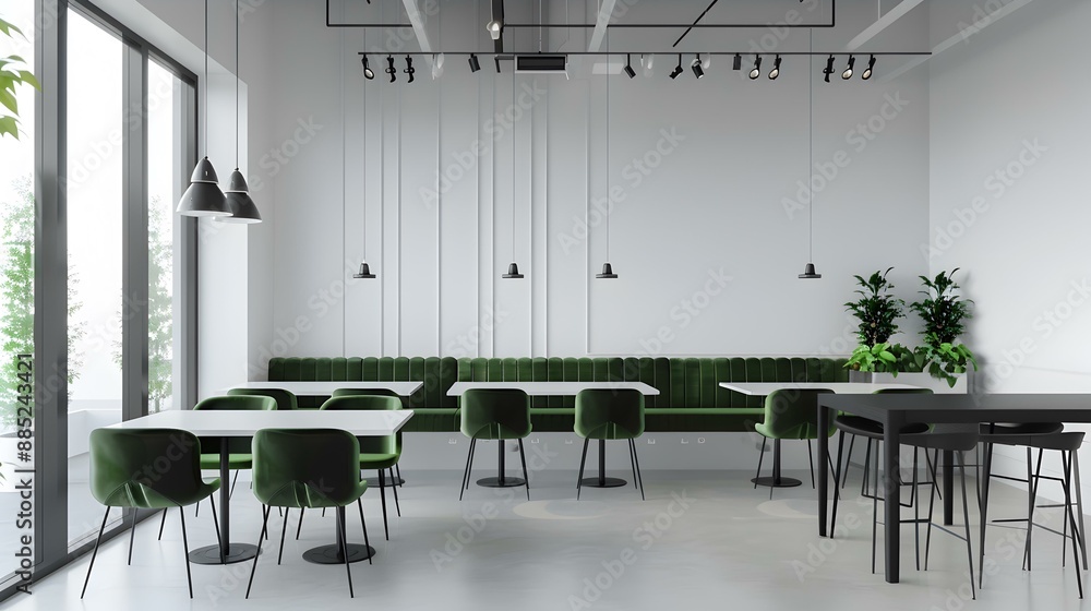 Wall mural A minimalist cafe with white walls black furniture image