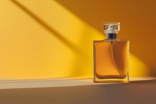transparent glass bottle of perfume on autemn yellow background. luxurious elegant perfume bottle mockup