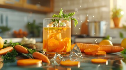 Fresh carrots in a glass with ice cubes