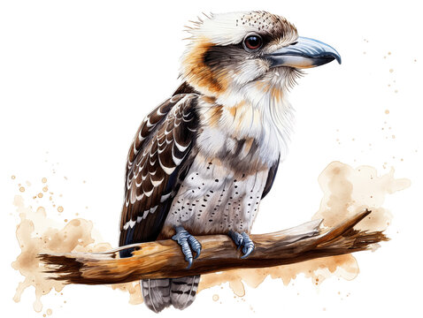 Exquisite Laughing Kookaburra Bird Watercolor Art on a Branch - Ideal for Tropical and Wildlife-Themed Designs PNG Graphic For Art And Design. 