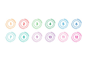 Numbers 1-12 in colored circles. numbers 1-12 concept for business and education world