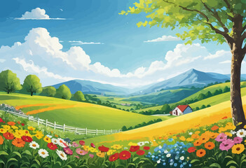 Obraz premium Vibrant Countryside Scenery with Flower Fields and Rolling Hills