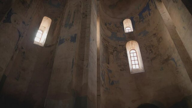 A wide shot shown the interior architecture; windows and gateway of Akdamar Church located in Akdamar Island, Van City, T&uuml;rkiye.