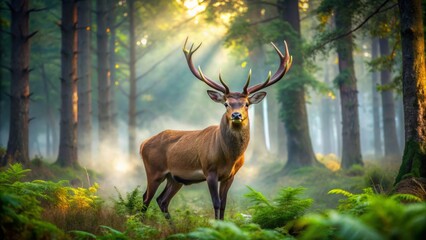 Fototapeta premium Majestic brown deer with large antlers stands calmly amidst dense green forest foliage with misty morning atmosphere.