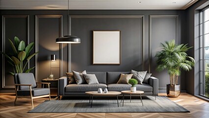 Modern minimalist living room interior with sleek black walls featuring a prominent square frame art mockup display on a neutral background.