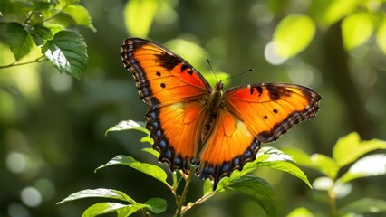 Obraz premium an orange butterfly rests atop a leaf while the sun beams through,