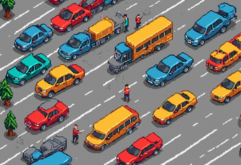 Naklejka premium Traffic Jam: A Colorful Cartoon Illustration of Cars and School Buses on a Roadway