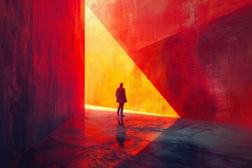 A figure of a person in a geometric shape on a colorful bright background.