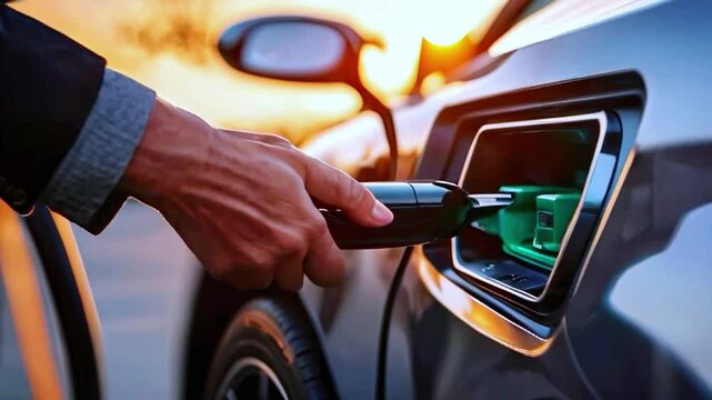 Modern plug-in hybrid electric vehicle at fast charging station. Sustainable energy powering electric car. EV charging at power station. Eco-friendly car concept