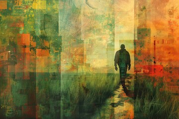 A figure of a person in a geometric shape on a colorful bright background.