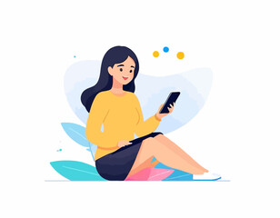 Smiling Woman Relaxing with Phone, Leaf Design Background